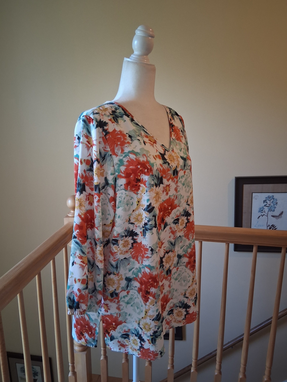 Mario Serrani Floral V-Neck Blouse in Coral, Yellow, Teal & White